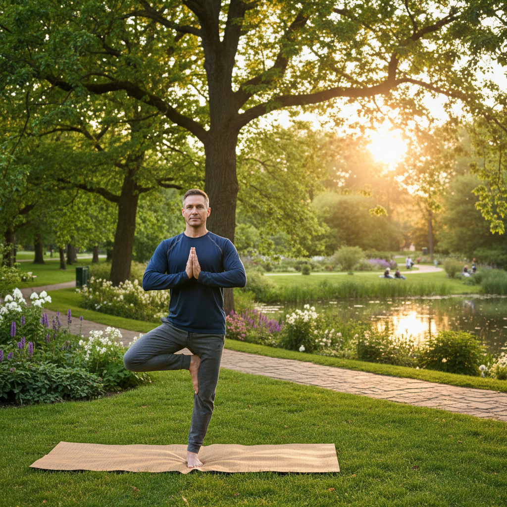 Pria dewasa melakukan olahraga ringan yoga di luar ruangan di taman yang asri