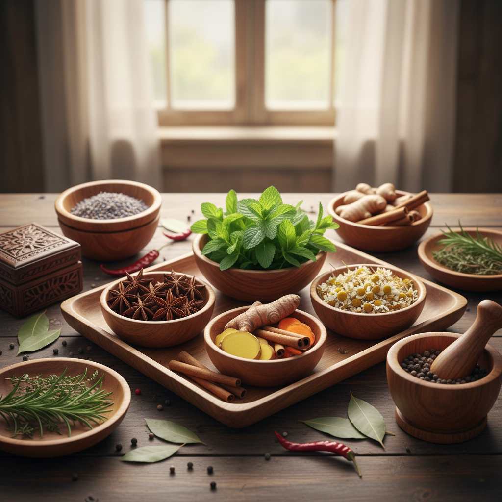 Berbagai tanaman herbal alami dan rempah segar dalam wadah kayu di atas meja